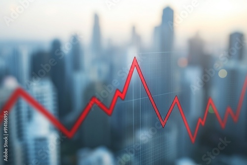 A red line graph showing a decline on a blurred urban landscape background