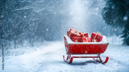 A red sleigh with presents on a snowy background