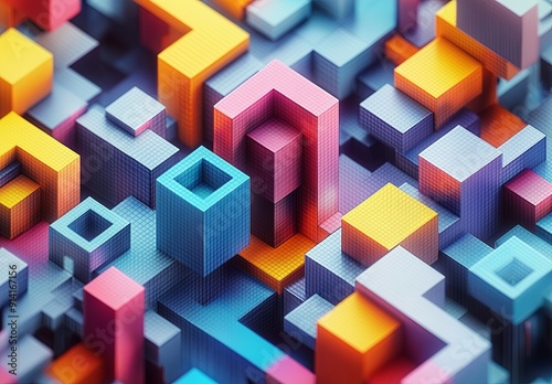 An intricate isometric grid with a mix of cubes and hexagons in different colors, forming a dynamic and engaging design