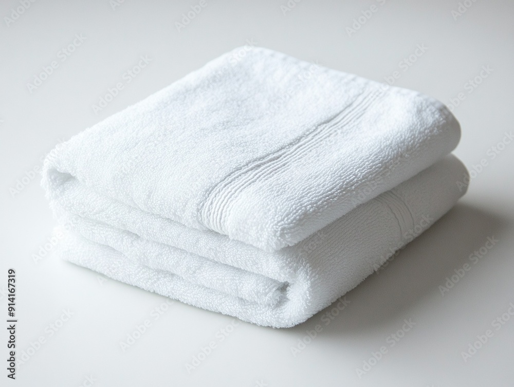 A white bath towel neatly folded on a white background A white bath towel neatly folded on a white background