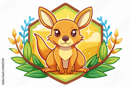 Adorable Cartoon Kangaroo Sitting on Branch with Green Leaves