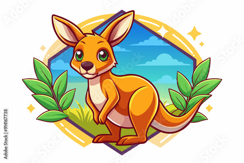 Cartoon Kangaroo in a Geometric Frame with Green Leaves and Stars