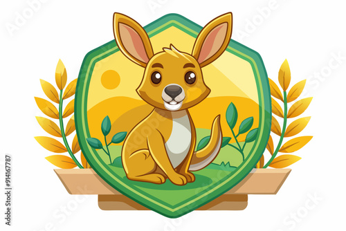 Cartoon Kangaroo Sitting Inside a Green Shield with Yellow Leaves