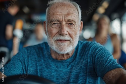 A senior man in a blue shirt works out intensely in a gym, displaying fierce dedication and focus, with gym-goers blurred in the background, highlighting commitment and fitness.