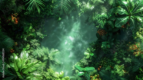 Fototapeta Naklejka Na Ścianę i Meble -  A lush green jungle with a body of water in the center