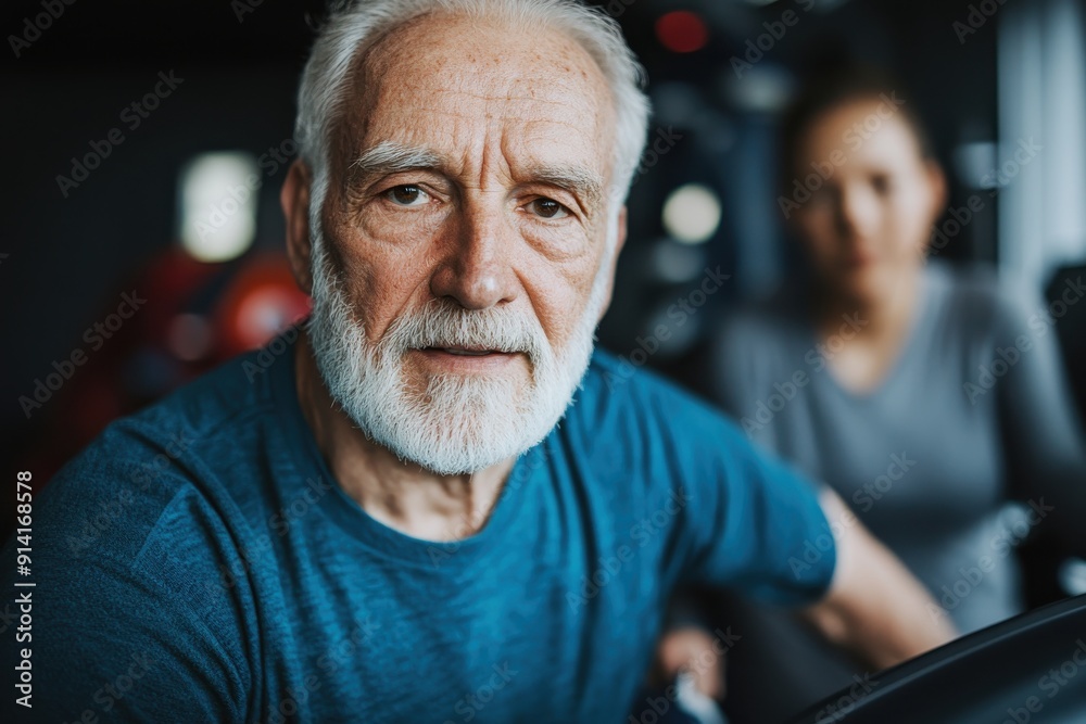 An elderly man with white hair and beard exercises with focus in a bright gym, showcasing commitment and dedication to health and fitness amidst other gym-goers. An elderly man with white hair and beard exercises with focus in a bright gym, showcasing commitment and dedication to health and fitness amidst other gym-goers.