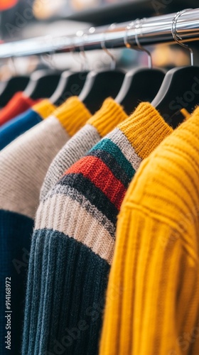 Colorful array of cozy knit sweaters hanging on a clothing rack, showcasing vibrant yellows, deep blues, and warm reds in various patterns and styles.