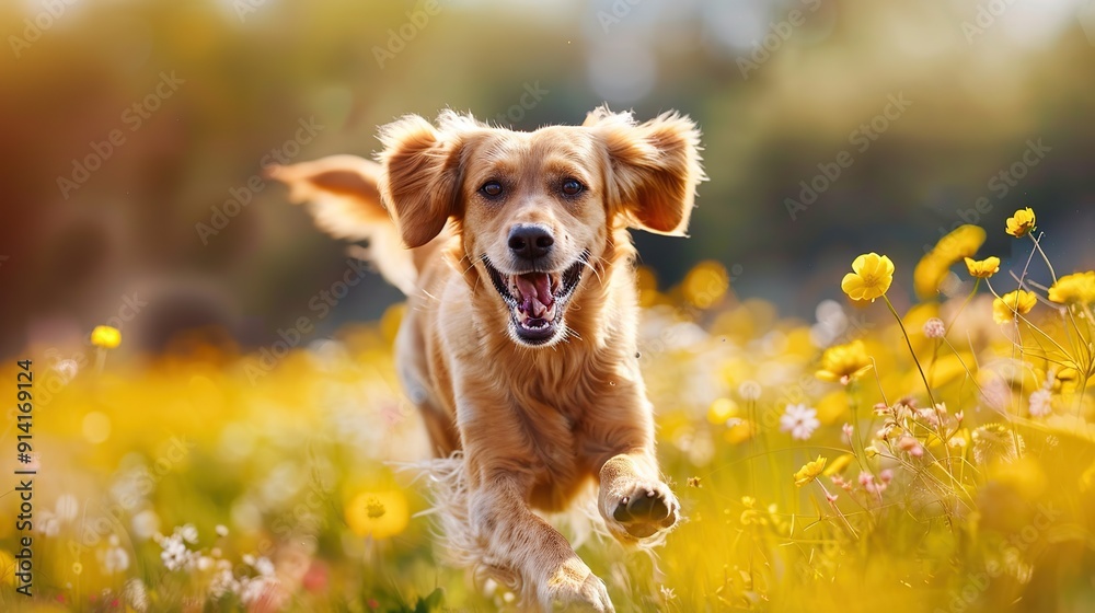 Happy dog running in a blossoming flower meadow on sunny day. copy space for text. Happy dog running in a blossoming flower meadow on sunny day. copy space for text.