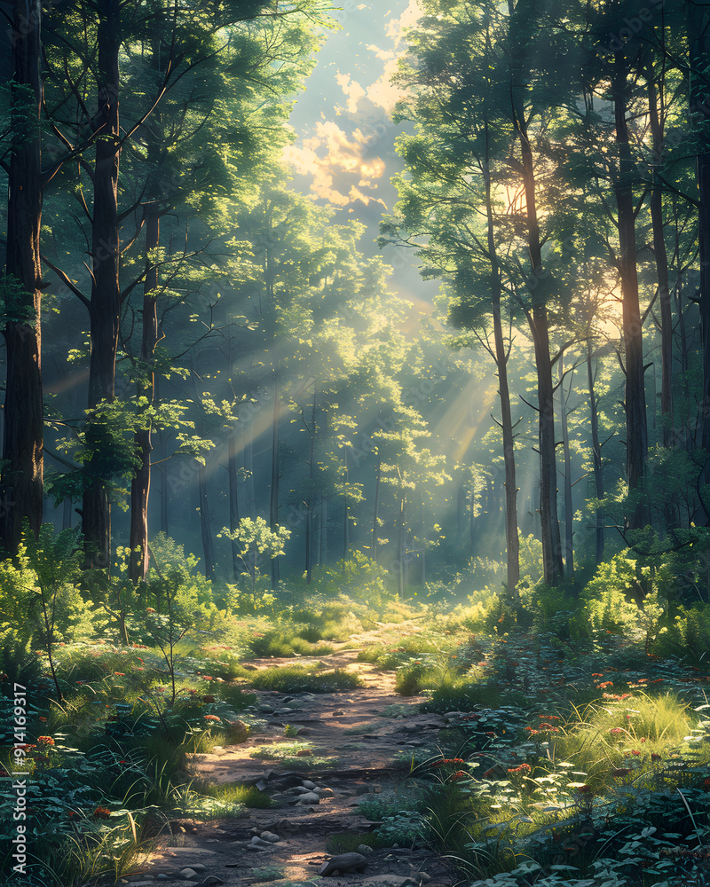 Fototapeta premium Small sunlit clearing in the middle of a dense fores.