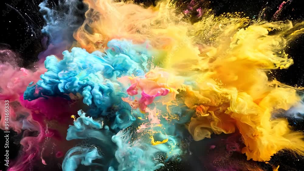 Vibrant explosion of colorful ink in water against a black background, abstract art composition