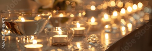 Row of candles in bowls and lights in glass cups for a festive occasion on a memorable day