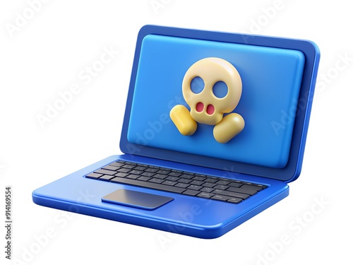 Skull on laptop computer, imaginative destruction of irrecoverable virus, 3D rendering. photo