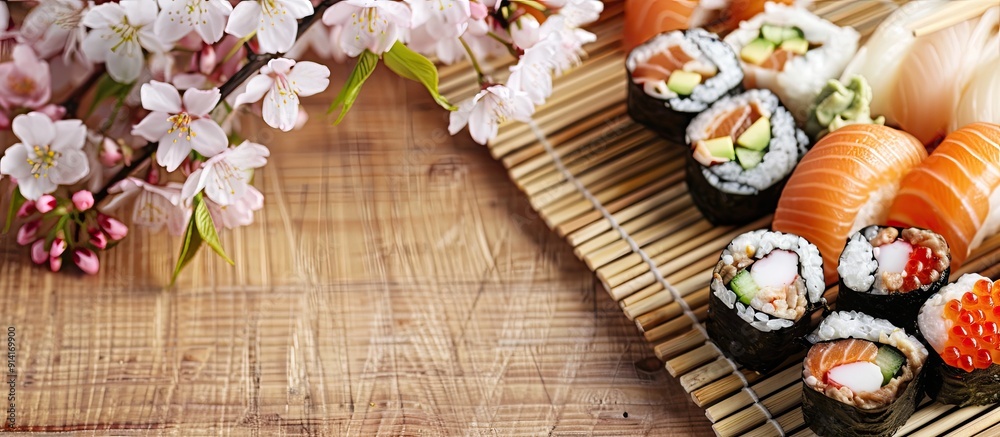 Sushi maki set presented with a fresh sakura branch on a bamboo table with ample copy space image Sushi maki set presented with a fresh sakura branch on a bamboo table with ample copy space image