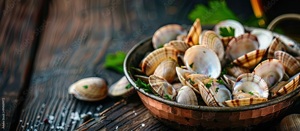 Venus clams in a copper cooking dish with wine on dark wood shown in a photo with a copy space image Venus clams in a copper cooking dish with wine on dark wood shown in a photo with a copy space image