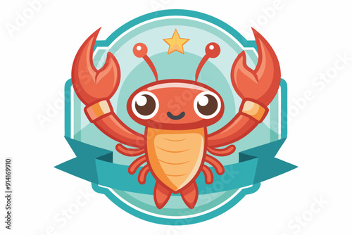 Cartoon Crab with a Star Above it Inside a Blue Oval