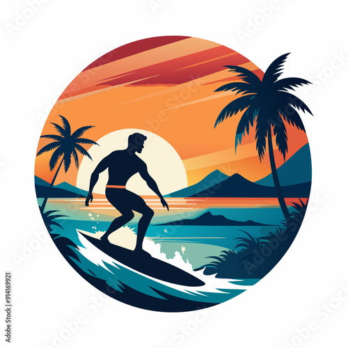 A man on a surfboard with the sun behind him 