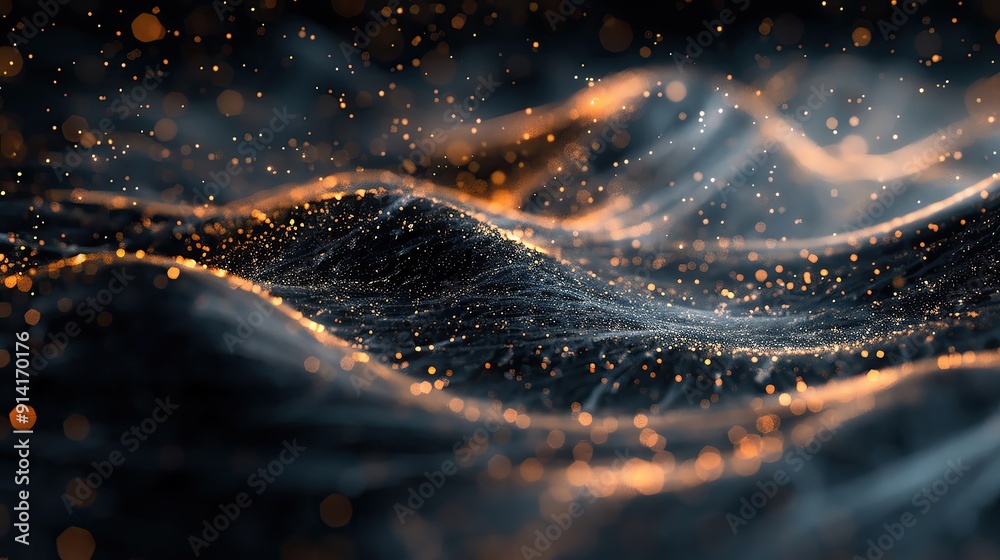 Abstract waves of light and shadows create a captivating landscape with shimmering particles, evoking a sense of depth and motion. Abstract waves of light and shadows create a captivating landscape with shimmering particles, evoking a sense of depth and motion.