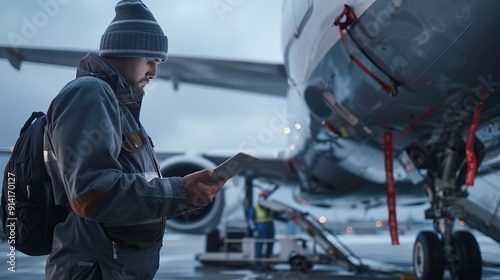 Member of ground staff preparing passenger airplane before flight. Worker using tablet against plane at airport. copy space for text.