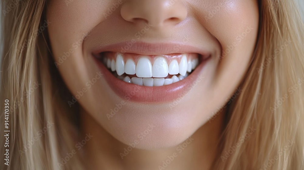 Close-up of a radiant smile showcasing perfectly aligned, bright white teeth against smooth skin and glossy lips, exuding confidence and dental health.