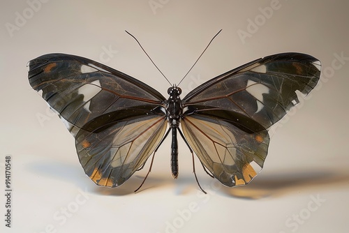 Close-up of a translucent butterfly with black veins and white markings on its wings. photo