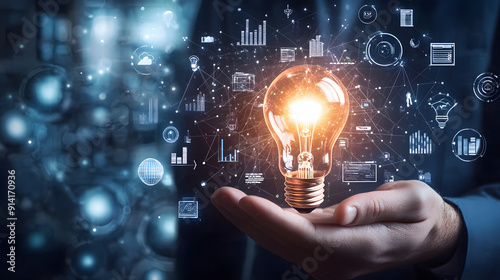 close-up of a businessman’s hand holding a glowing light bulb surrounded interconnected icons of industry networks, marketing analysis, and strategy development