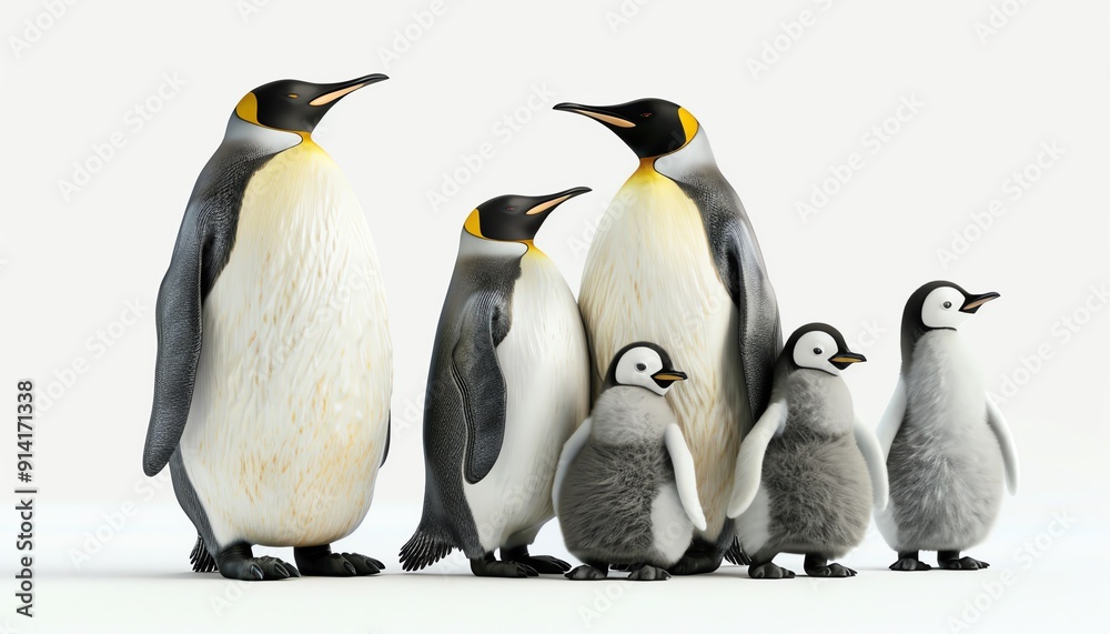 Fototapeta premium A corpulent 3D penguin family with the parents and chicks, on a white solid background