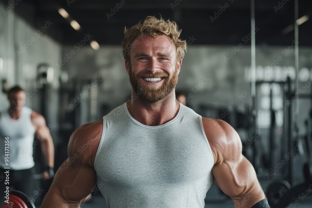 A blonde man wearing a white tank top smiling in a well-lit gym setting surrounded by people working out, exuding confidence, strength, and happiness. A blonde man wearing a white tank top smiling in a well-lit gym setting surrounded by people working out, exuding confidence, strength, and happiness.