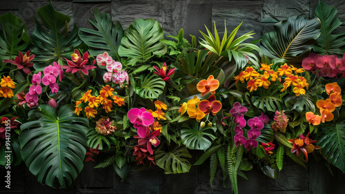 A vibrant top-down view of a tropical garden filled with exotic flowers,AI