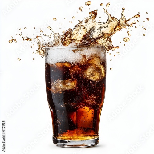 Refreshing cola soda splash and bubbles in a glass on a transparent background