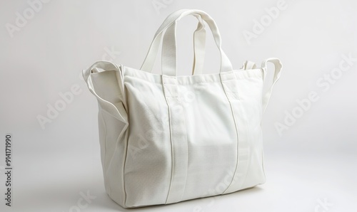 White Canvas Tote Bag: A white background with an isolated white canvas tote bag. The bag includes an open main section and two handles, Generative AI.