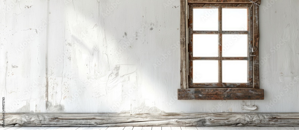 Fototapeta premium Vintage wooden window set against a white backdrop offering ample copy space image for rustic cottage house feel and showcasing the countryside s architectural texture
