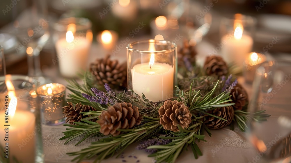Table centerpiece featuring a wreath of dried lavender and rosemary, surrounded by votive candles and rustic pinecones. Table centerpiece featuring a wreath of dried lavender and rosemary, surrounded by votive candles and rustic pinecones.