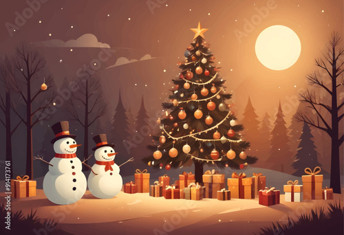 Enchanting Winter Night Scene with Snowmen, Christmas Tree, and Gift Boxes Under the Full Moon