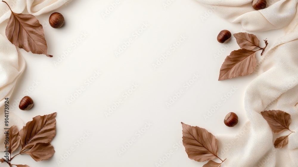 A delicate display features hazelnuts and wheat stalks elegantly arranged on soft, light-colored fabric, highlighting natural textures and warm tones