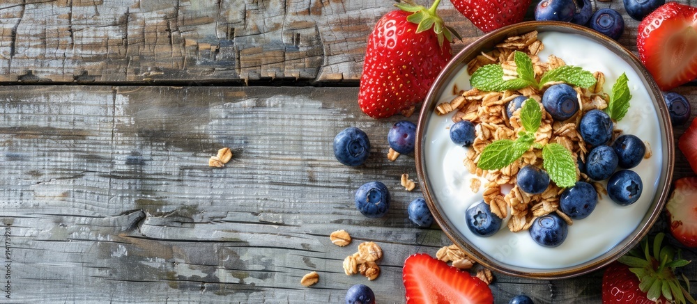 A nutritious breakfast featuring granola yogurt blueberries and strawberries in a rustic setting with a wooden backdrop for a copy space image A nutritious breakfast featuring granola yogurt blueberries and strawberries in a rustic setting with a wooden backdrop for a copy space image