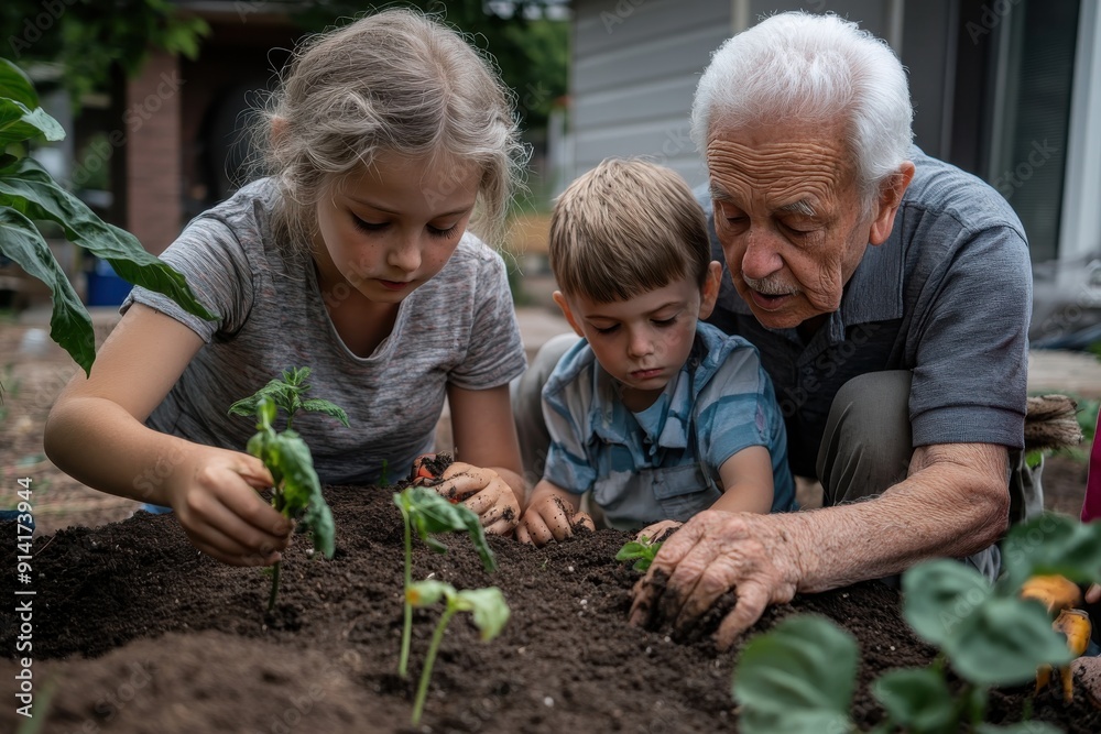 Fototapeta premium This image captures a heartwarming scene of a grandfather involved in a gardening activity with his two young grandchildren, focusing on planting and cultivating plants.