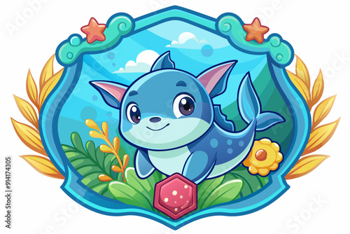 Cute Cartoon Blue Dolphin in a Watery Shield Frame