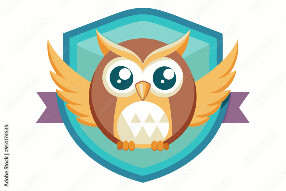 Obraz premium Cartoon Owl with Large Eyes on a Shield with Ribbon