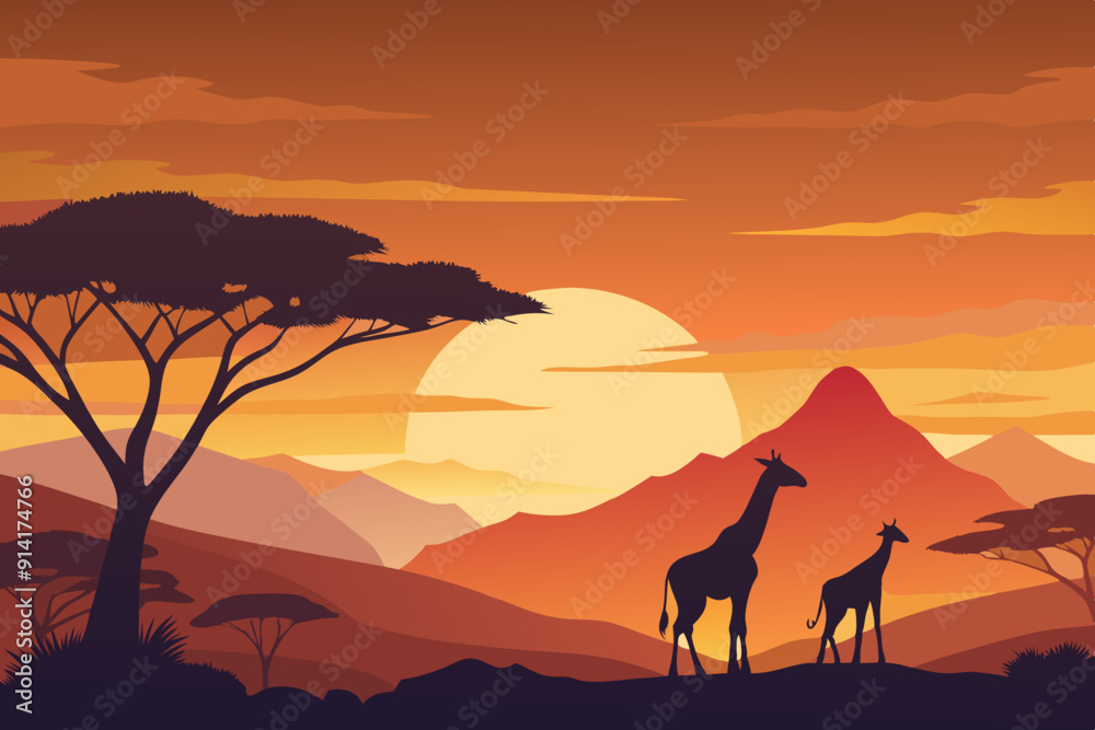 Vector illustration of an African landscape with silhouettes of giraffes Vector illustration of an African landscape with silhouettes of giraffes