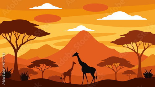 Vector illustration of an African landscape with silhouettes of giraffes