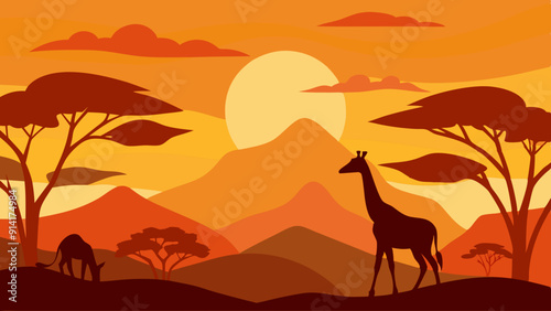Canvas Print Vector illustration of an African landscape with silhouettes of giraffes