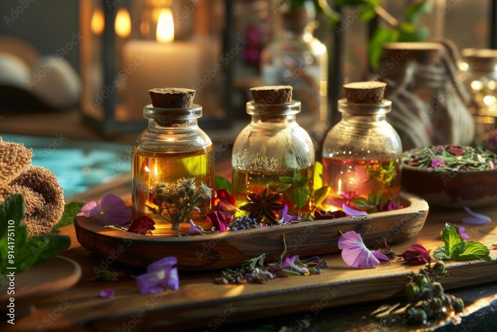 Close-up of aromatic essential oils and herbal infusions in a spa setting Hyper realistic. Shot with canon 5d Mark III --ar 3:2 --style raw Job ID: fe3e4f5d-036b-4c1c-90f5-d42503a30c0b