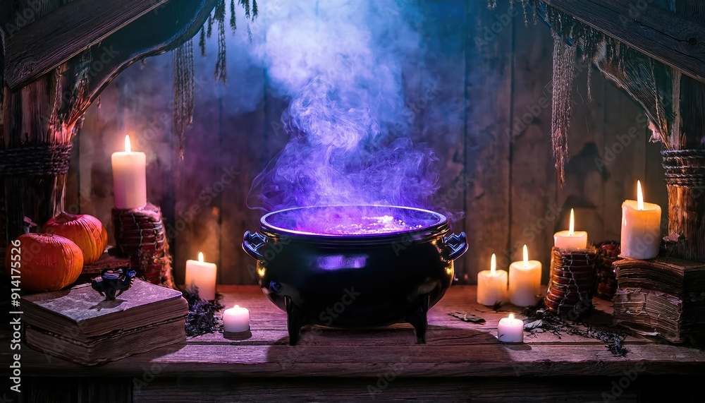 bubbling cauldron with colorful smoke on the table in the old scary witch house; burning spell books and candles to create sorcery, witchcraft, altar bubbling cauldron with colorful smoke on the table in the old scary witch house; burning spell books and candles to create sorcery, witchcraft, altar