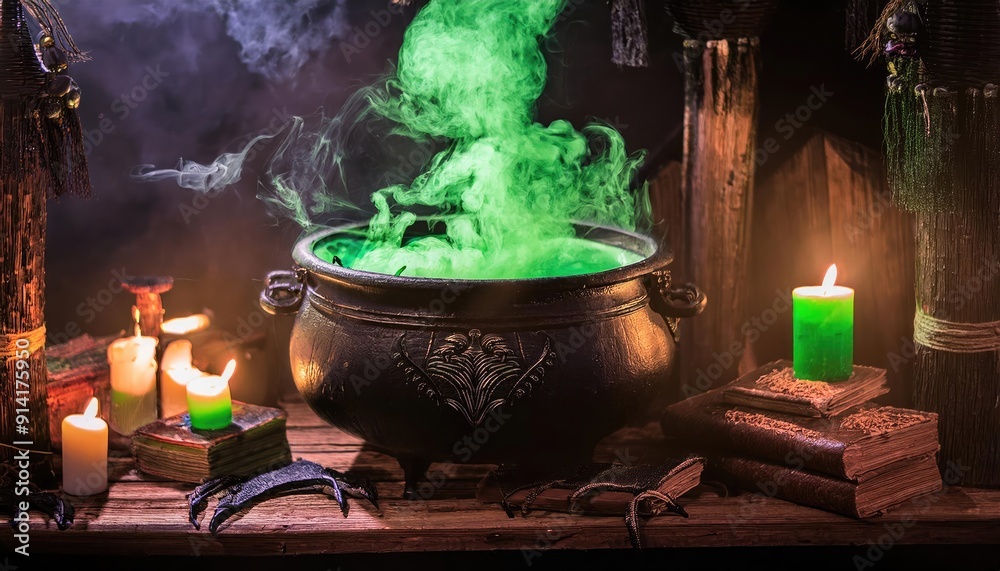 bubbling cauldron with colorful smoke on the table in the old scary witch house; burning spell books and candles to create sorcery, witchcraft, altar bubbling cauldron with colorful smoke on the table in the old scary witch house; burning spell books and candles to create sorcery, witchcraft, altar
