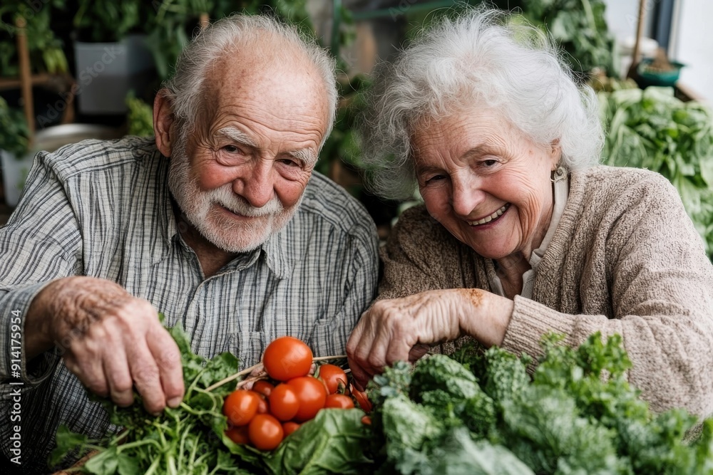 An elderly couple, smiling happily, harvests fresh tomatoes and leafy greens from their garden, showcasing the joy and fulfillment of growing their own food together. An elderly couple, smiling happily, harvests fresh tomatoes and leafy greens from their garden, showcasing the joy and fulfillment of growing their own food together.