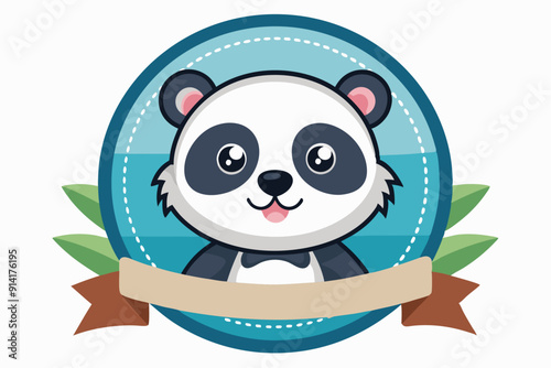 Cartoon Panda Bear in a Blue Circular Badge with a Ribbon