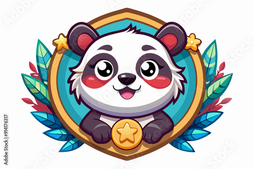 Cute Cartoon Panda Holding a Gold Star Medallion Surrounded by Foliage