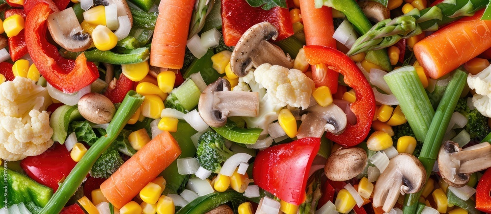 A variety of frozen vegetables like onions corn peppers mushrooms asparagus beans and carrots in a salad mix representing a ketogenic diet with food ingredients displayed in a top view copy space ima