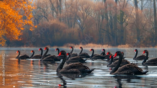 Black swans swimming in a calm lake with autumn foliage in the background.