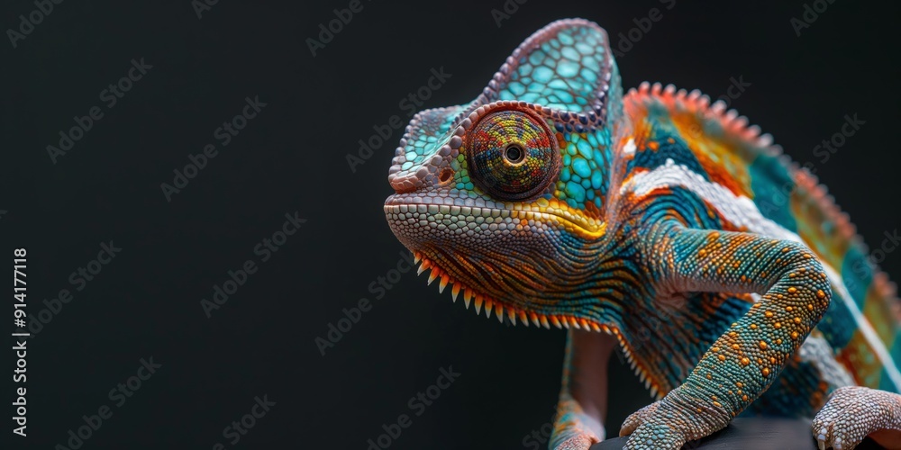 Obraz premium A colorful chameleon is shown in a black background. The chameleon is green and orange, with a white stripe on its back. Concept of vibrancy and life